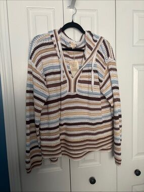 Hem & Thread Striped Crochet Hoodie Sweater - Cream, Brown, Light Blue